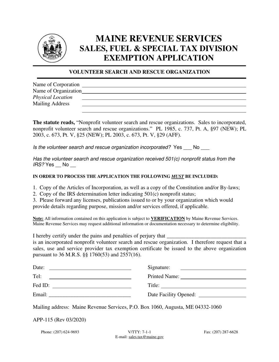 Form APP-115 Exemption Application - Volunteer Search and Rescue Organization - Maine, Page 1