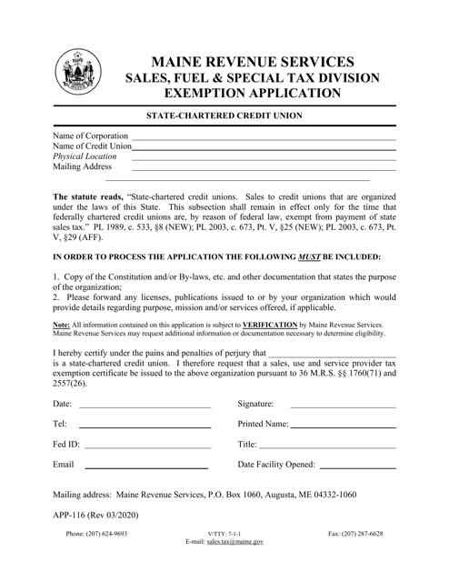 Form APP-116 Exemption Application - State-Chartered Credit Union - Maine