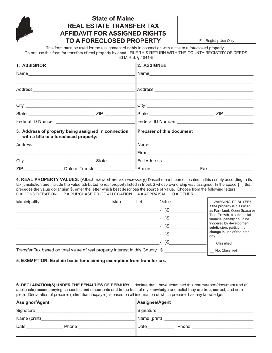Maine Real Estate Transfer Tax Affidavit for Assigned Rights to a