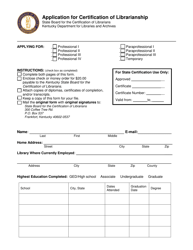 Application for Certification of Librarianship - Kentucky