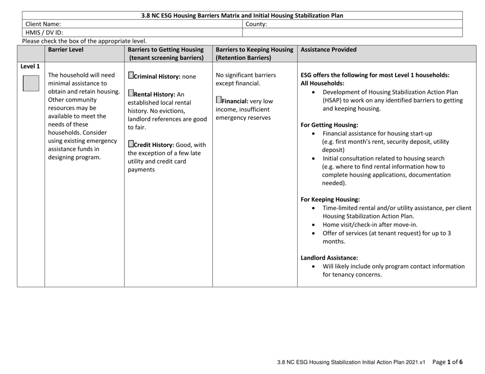 3.8 Nc Esg Housing Barriers Matrix and Initial Housing Stabilization Plan - North Carolina, Page 1