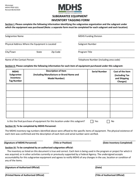 Form MDHS-PROP-SE01 Subgrantee Equipment Inventory Tagging Form - Mississippi