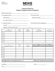 Form MDHS-PROP-SE02 &quot;Inventory Control List - Subgrant/Contract Property &amp; Equipment&quot; - Mississippi