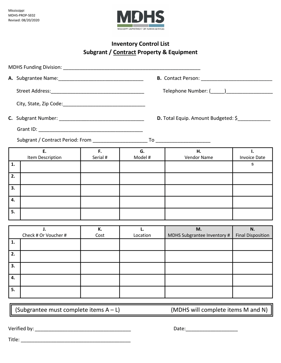 Form MDHS-PROP-SE02 Inventory Control List - Subgrant / Contract Property  Equipment - Mississippi, Page 1