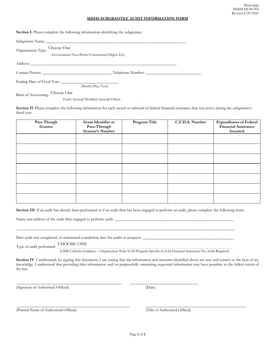 Form MDHS-DOM-002 Subgrantee Audit Information Form - Mississippi, Page 1