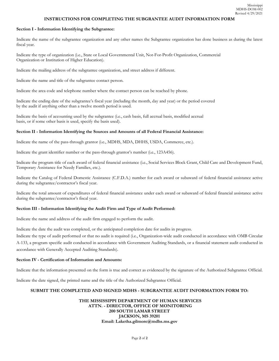 Form MDHS-DOM-002 Subgrantee Audit Information Form - Mississippi, Page 2