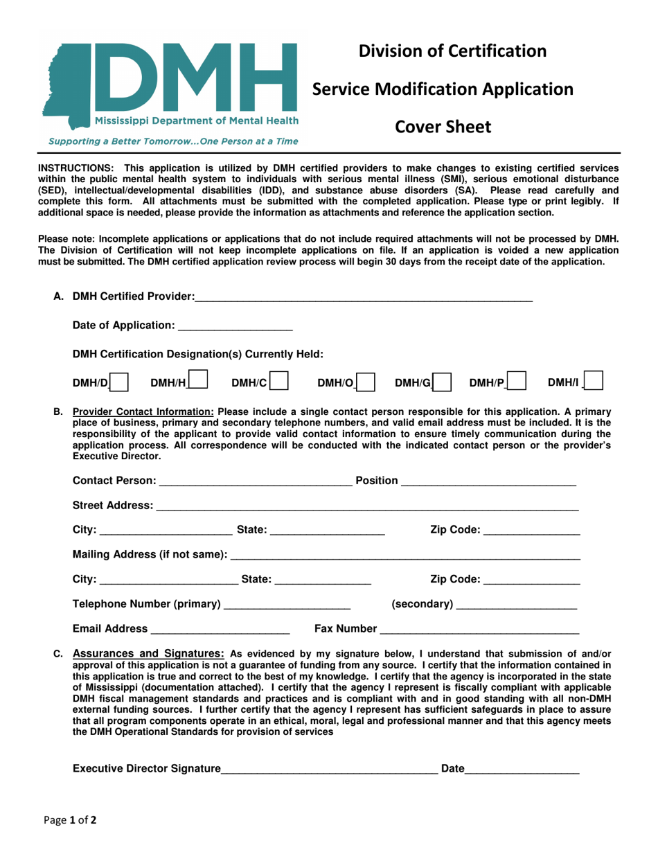 Application to Modify Existing Service Certification - Mississippi, Page 1