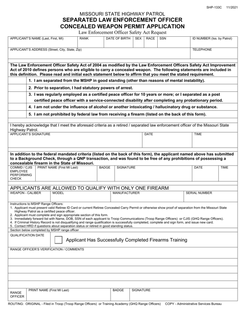 Form SHP-133C Separated Law Enforcement Officer Concealed Weapon Permit Application - Missouri