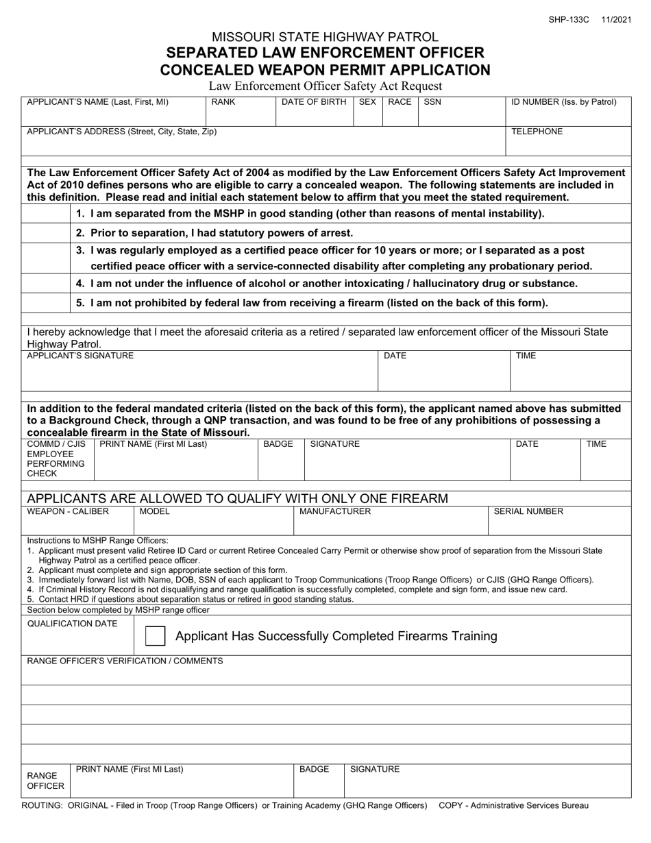 Form SHP-133C Separated Law Enforcement Officer Concealed Weapon Permit Application - Missouri, Page 1