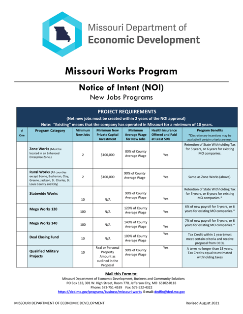 Notice of Intent (Noi) - Missouri Works Program - Missouri