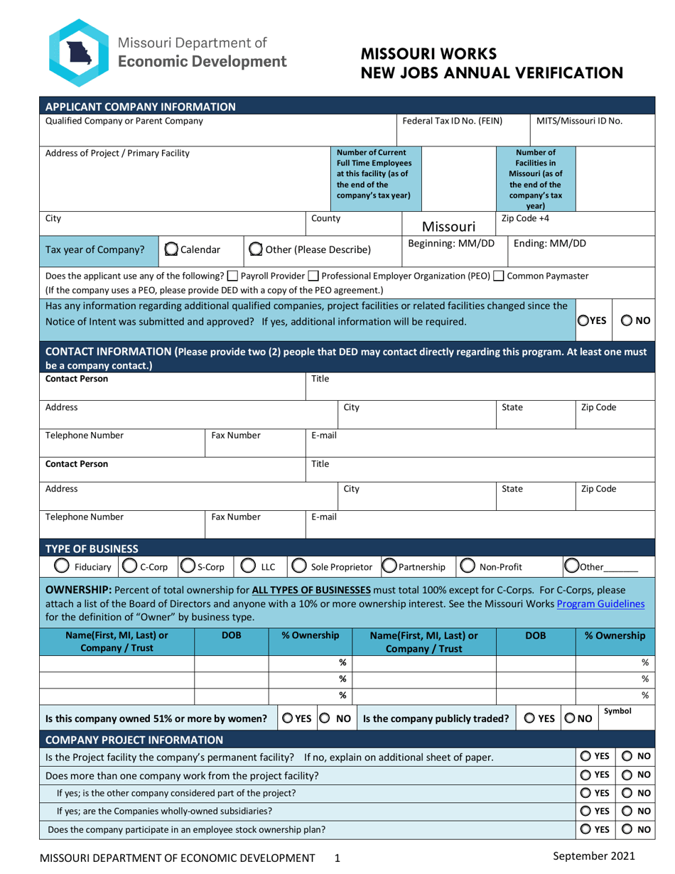 Missouri Missouri Works New Jobs Annual Verification Fill Out Sign   Missouri Works New Jobs Annual Verification Missouri Print Big 