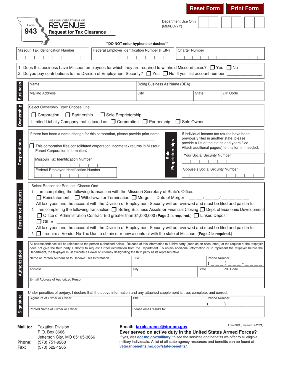 Form 943 Download Fillable PDF or Fill Online Request for Tax Clearance ...