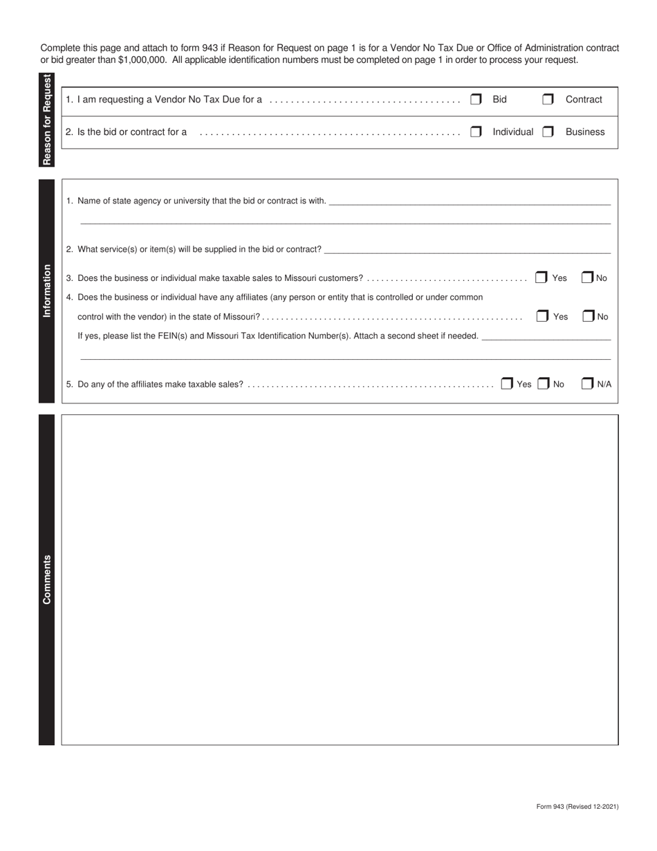 Form 943 Request for Tax Clearance - Missouri, Page 2