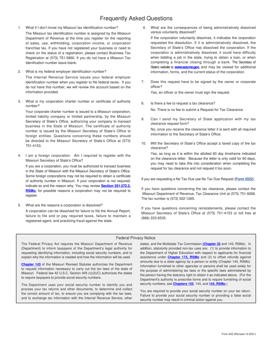 Form 943 Request for Tax Clearance - Missouri, Page 3