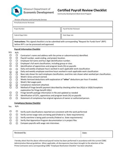 "Certified Payroll Review Checklist" - Missouri Download Pdf