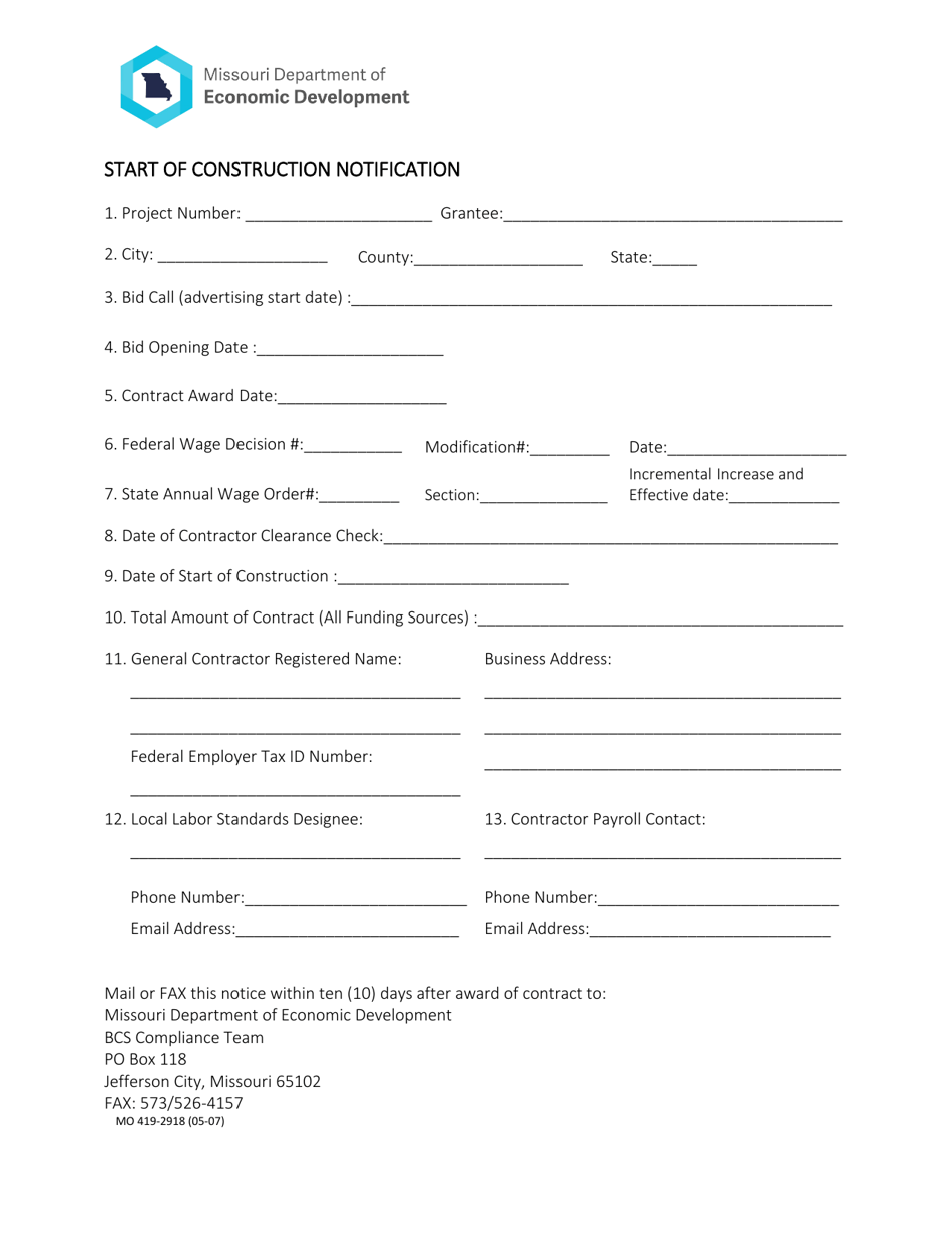 Form MO419-2918 Start of Construction Notification - Missouri, Page 1