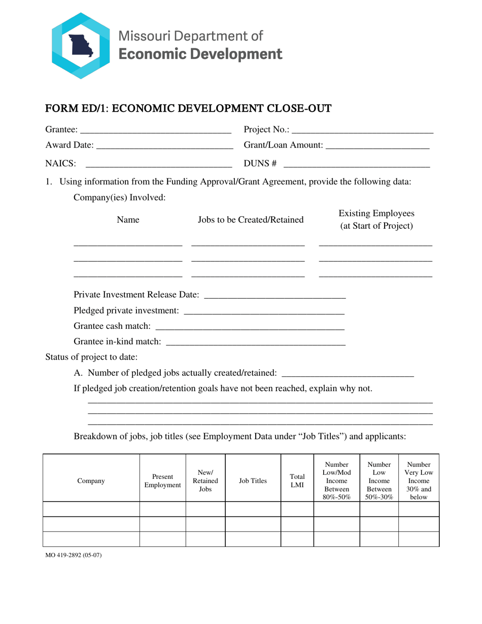 Form ED/1 (MO419-2892) Economic Development Close-Out - Missouri, Page 1