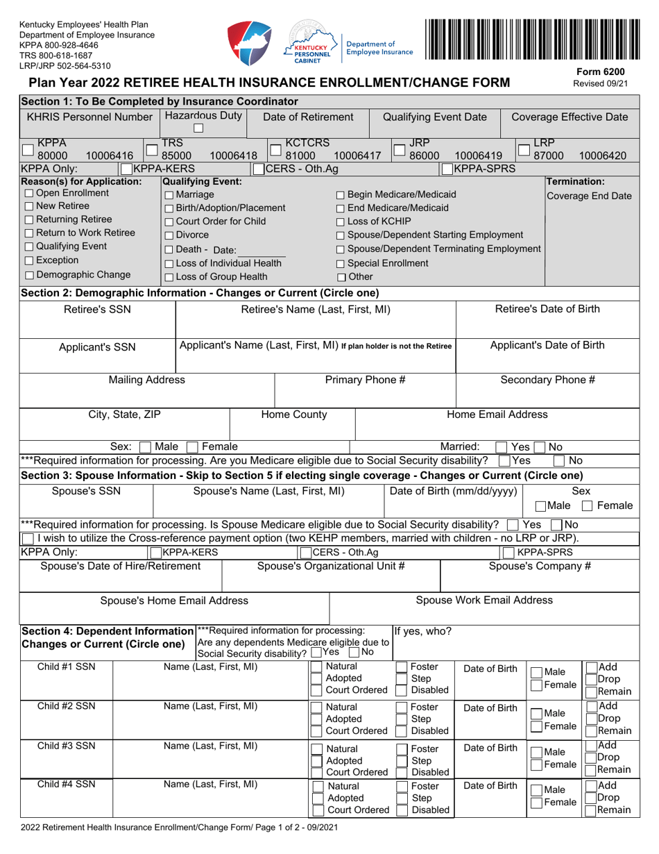 Form 6200 Retiree Health Insurance Enrollment/Change Form - Kentucky, Page 1
