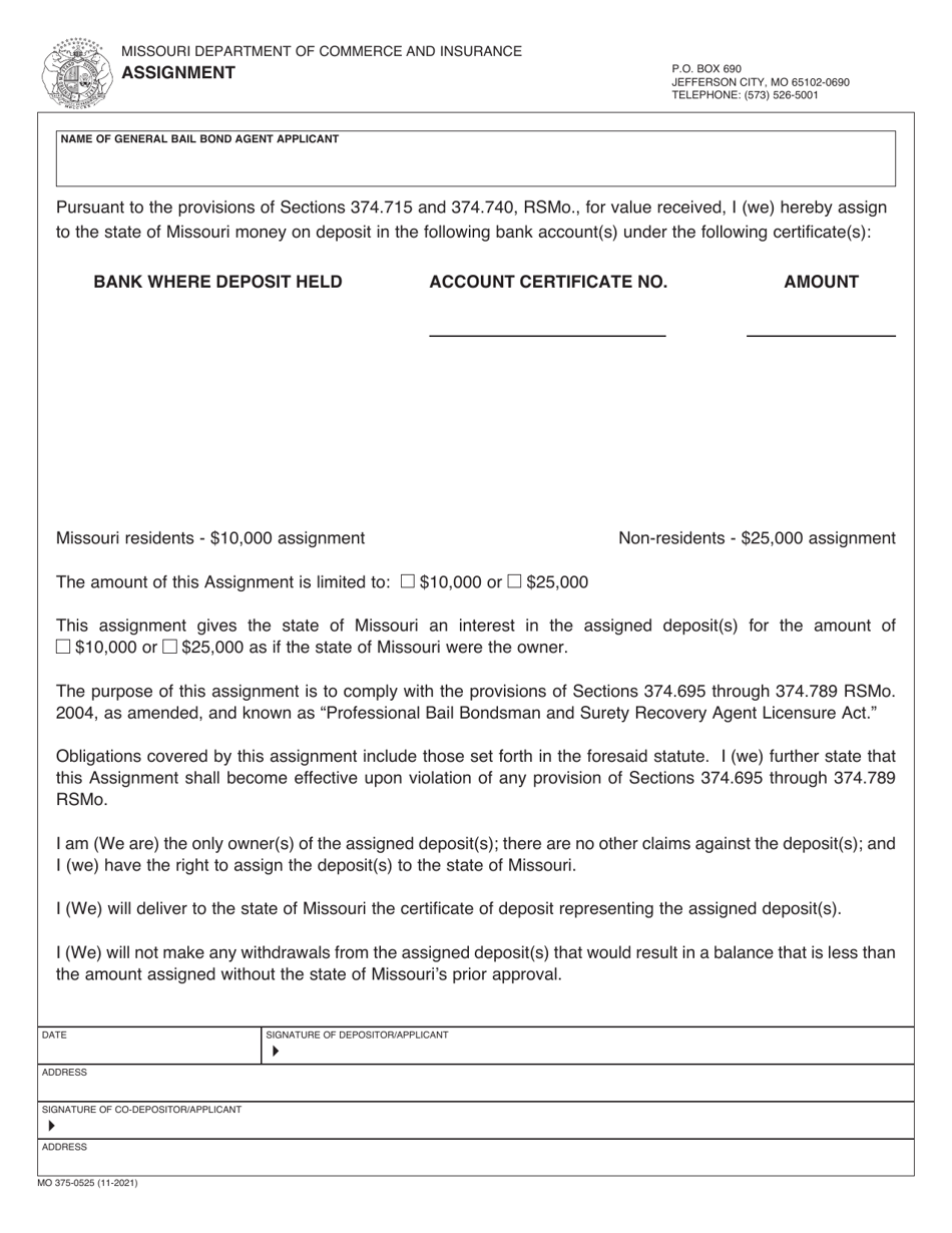 Form MO375-0525 General Bail Bond Agent Assignment - Missouri, Page 1