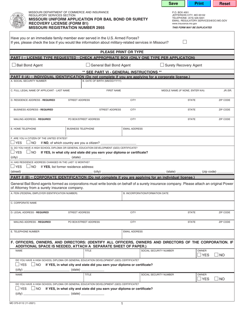 Form B1 (MO375-0112) Missouri Uniform Application for Bail Bond or Surety Recovery License - Missouri, Page 1