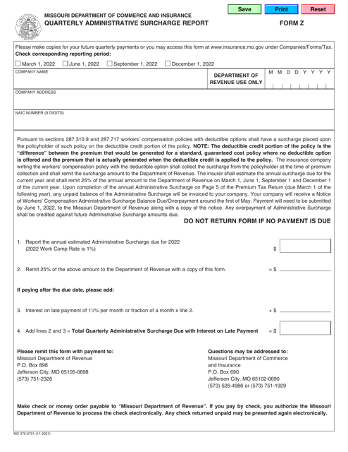 Form MO375-0701 (Z) Quarterly Administrative Surcharge Report - Missouri, 2022
