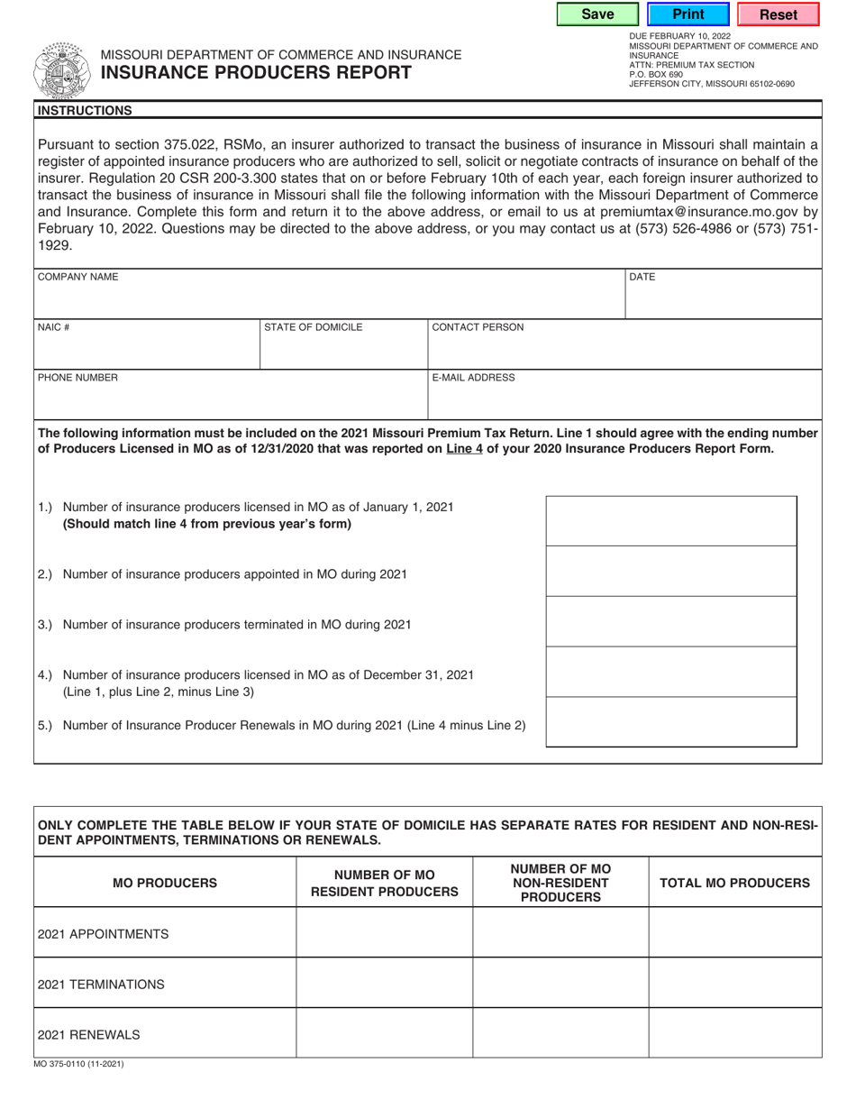 Form MO375-0110 Insurance Producers Report - Missouri, Page 1