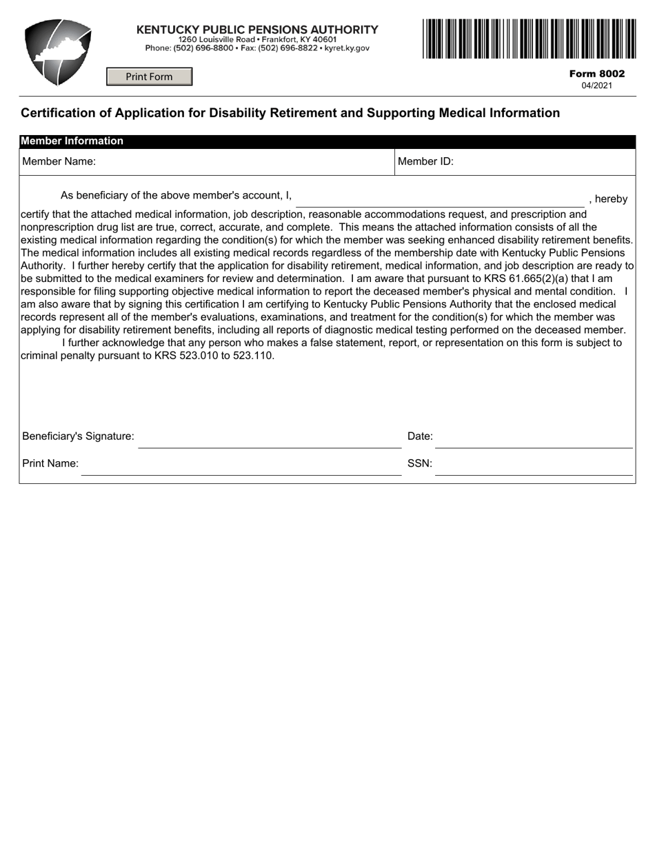 Form 8002 Certification of Application for Disability Retirement and Supporting Medical Information - Kentucky, Page 1