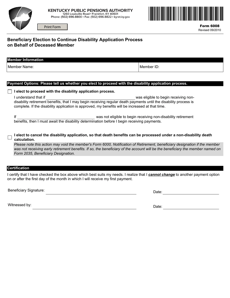 Form 6008 Beneficiary Election to Continue Disability Application Process on Behalf of Deceased Member - Kentucky, Page 1