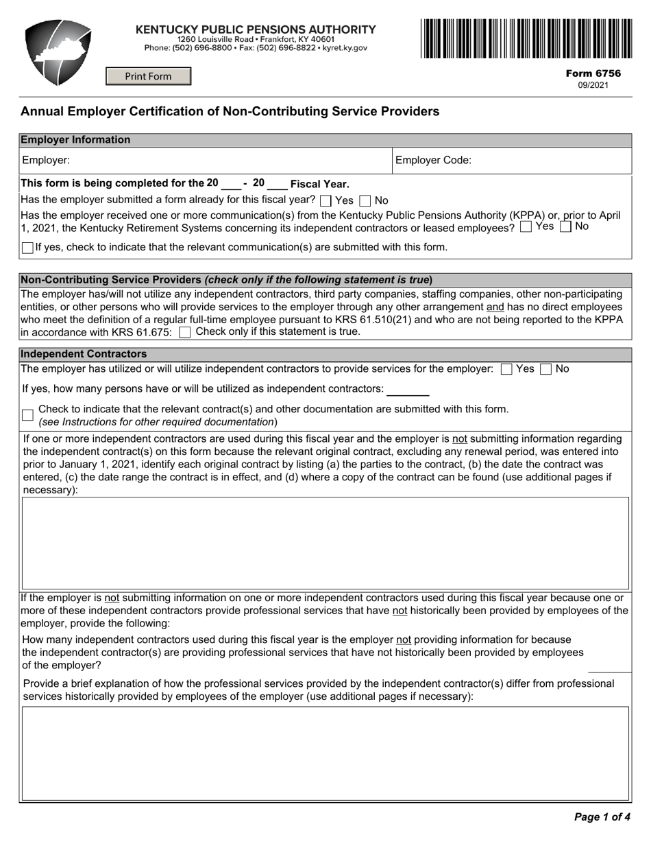 Form 6756 Annual Employer Certification of Non-contributing Service Providers - Kentucky, Page 3
