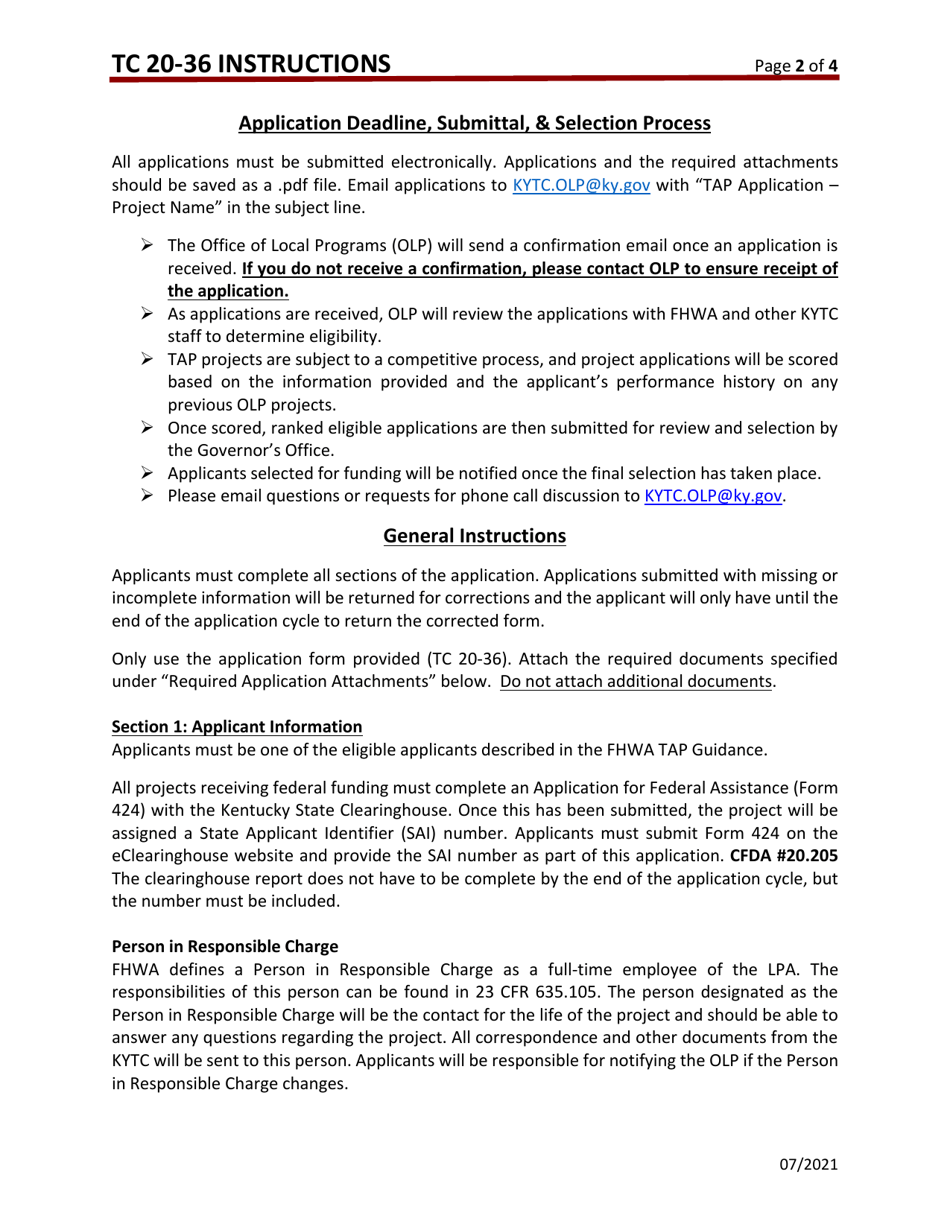 Instructions for Form TC20-36 Transportation Alternatives Program (Tap) Application - Kentucky, Page 2