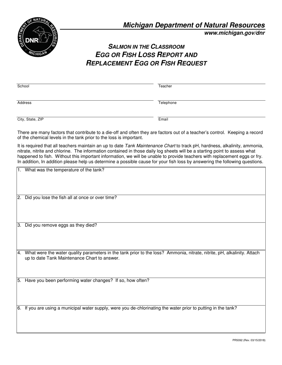 Form PR5092 Egg or Fish Loss Report and Replacement Egg or Fish Request - Salmon in the Classroom - Michigan, Page 1