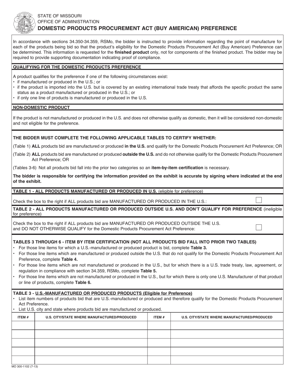 Form MO300-1102 Domestic Products Procurement Act (Buy American) Preference - Missouri, Page 1