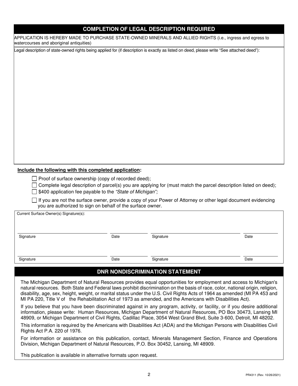 Form PR4311 Application to Purchase State-Owned Minerals and Allied Rights - Michigan, Page 2