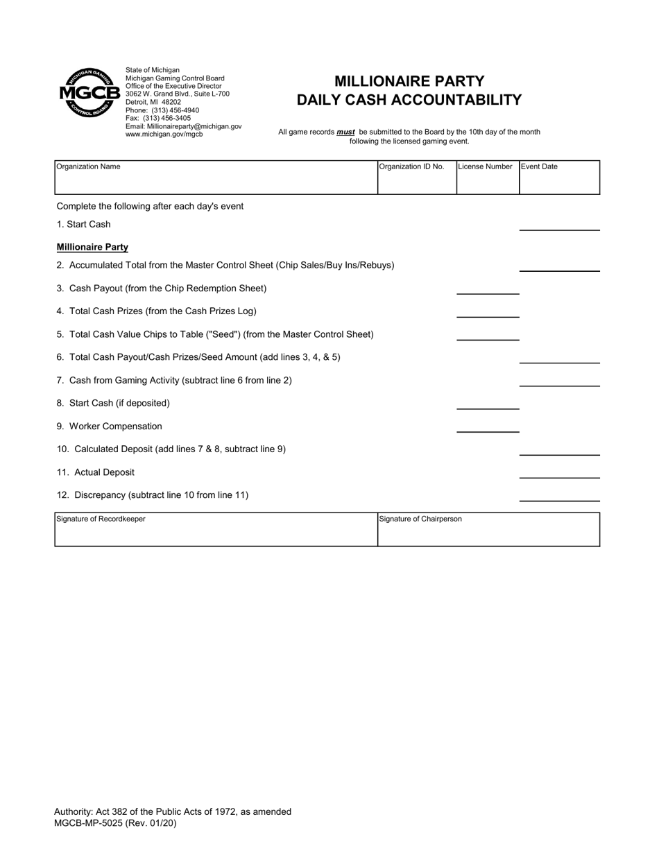 Form MGCB-MP-5025 Millionaire Party Daily Cash Accountability - Michigan, Page 1