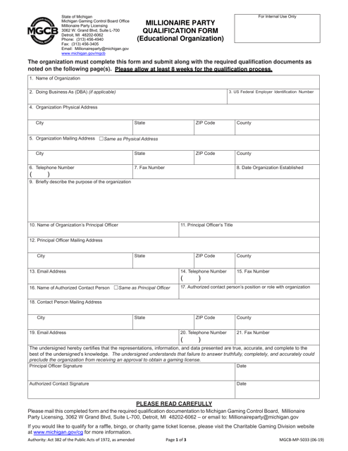 Form MGCB-MP-5033 Millionaire Party Qualification Form (Educational Organization) - Michigan