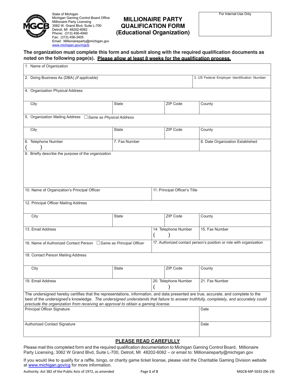 Form MGCB-MP-5033 Millionaire Party Qualification Form (Educational Organization) - Michigan, Page 1