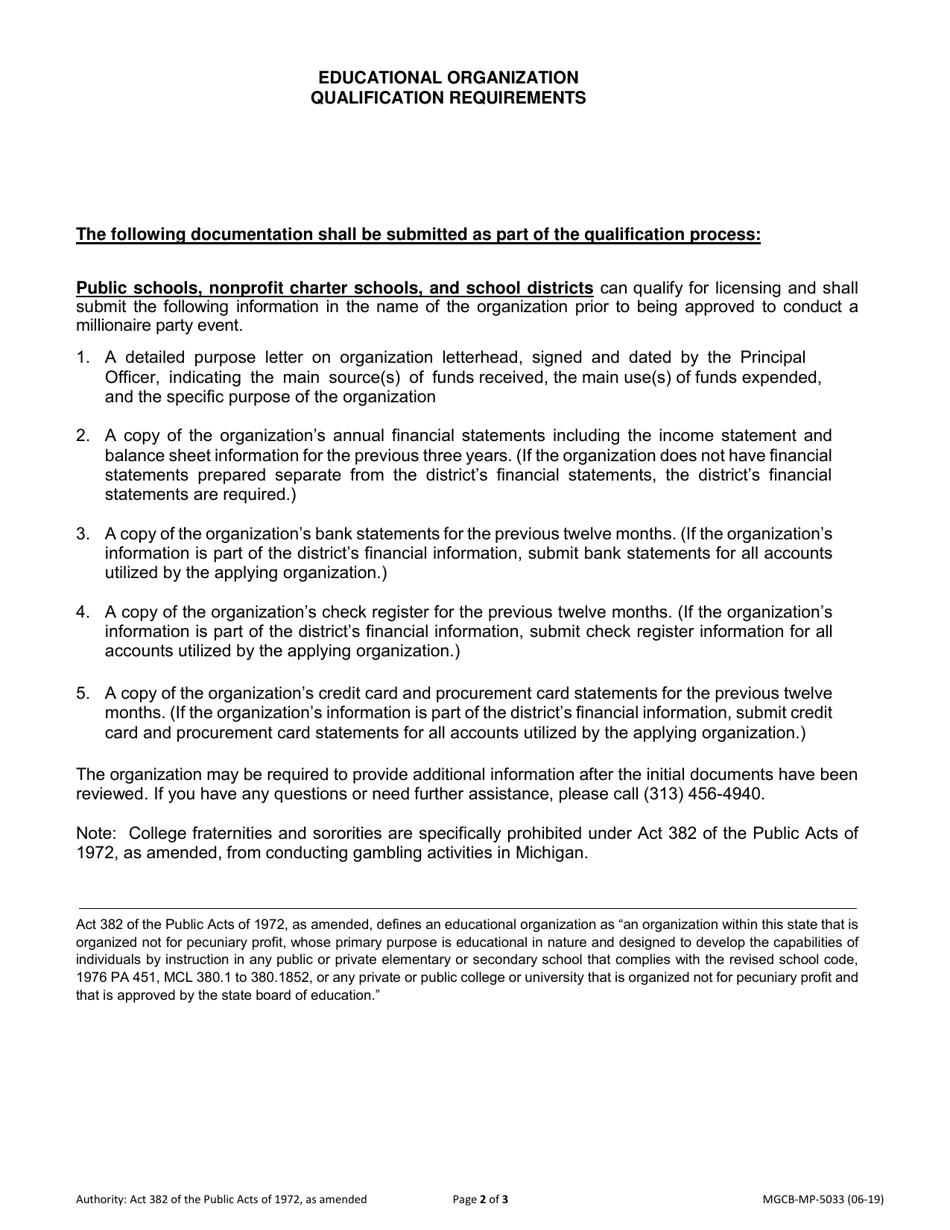 Form MGCB-MP-5033 Millionaire Party Qualification Form (Educational Organization) - Michigan, Page 2