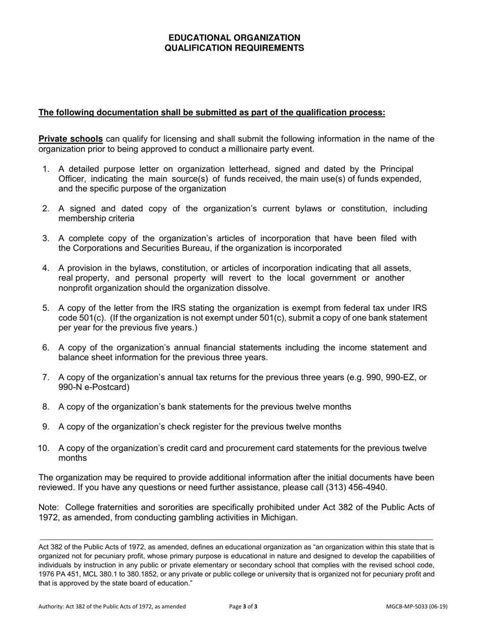 Form MGCB-MP-5033 Millionaire Party Qualification Form (Educational Organization) - Michigan, Page 3