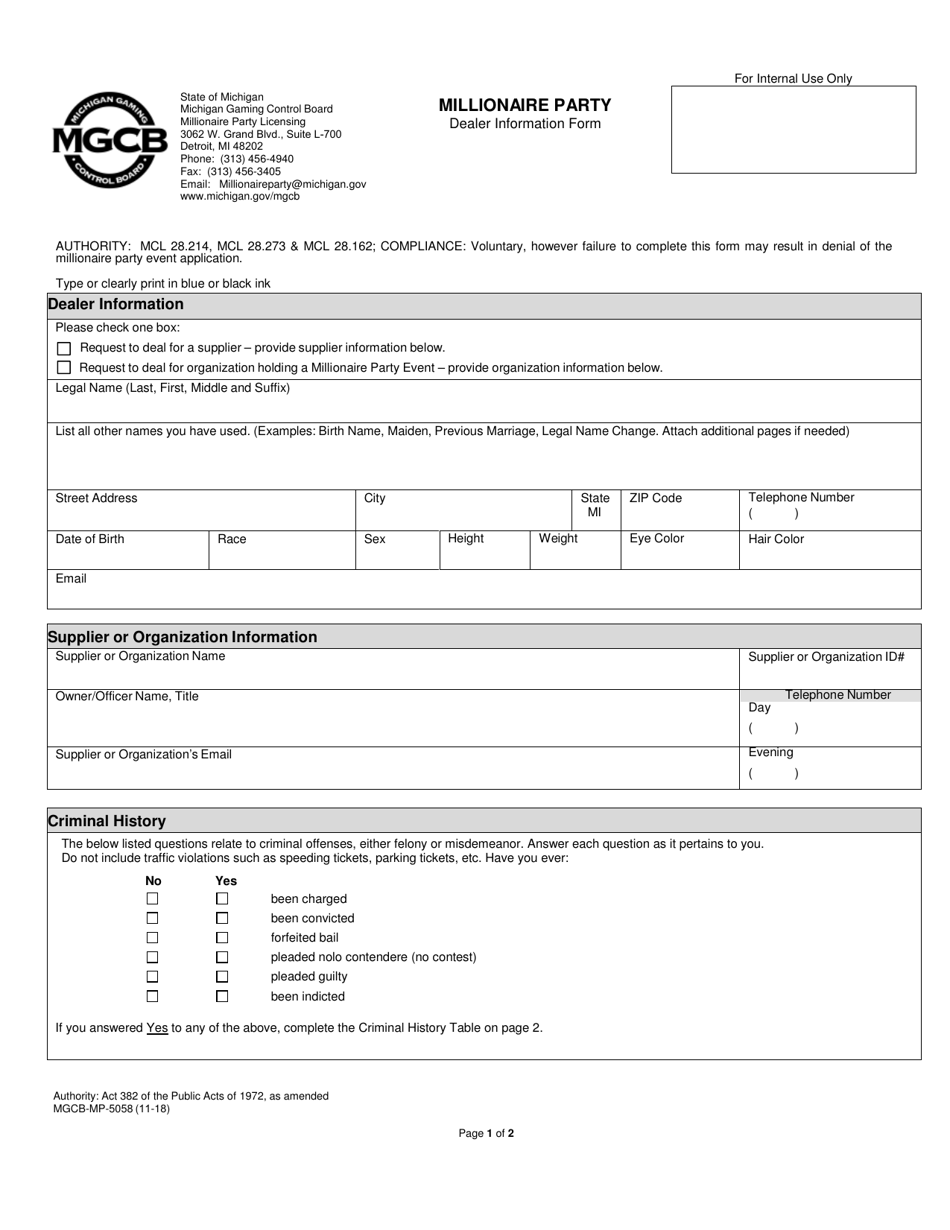 Form MGCB-MP-5058 Millionaire Party Dealer Information Form - Michigan, Page 1