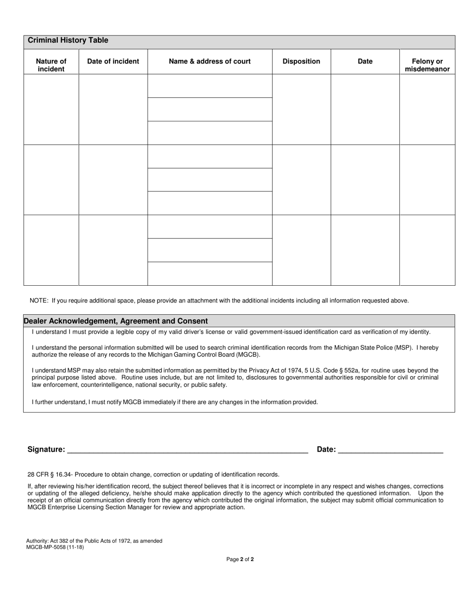 Form MGCB-MP-5058 Millionaire Party Dealer Information Form - Michigan, Page 2