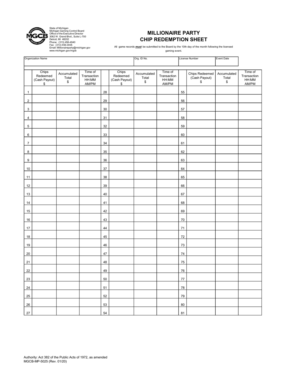 Form MGCB-MP-5025 Millionaire Party Chip Redemption Sheet - Michigan, Page 1