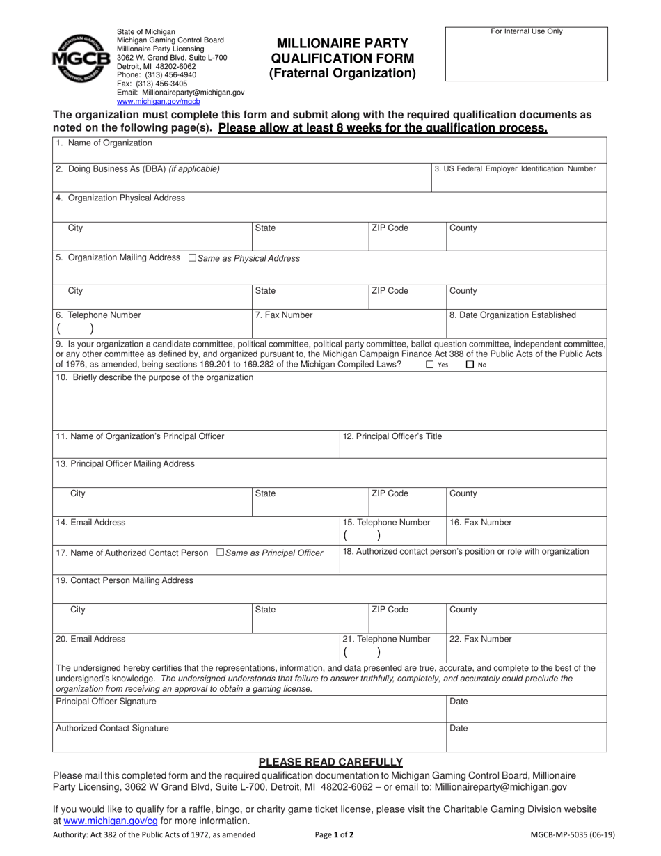 Form MGCB-MP-5035 Millionaire Party Qualification Form (Fraternal Organization) - Michigan, Page 1