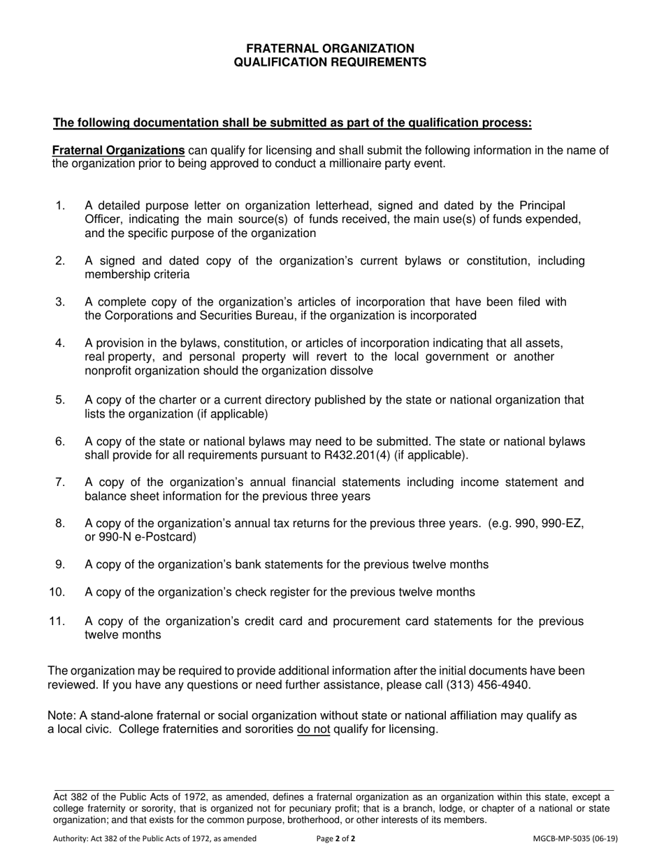 Form MGCB-MP-5035 Millionaire Party Qualification Form (Fraternal Organization) - Michigan, Page 2