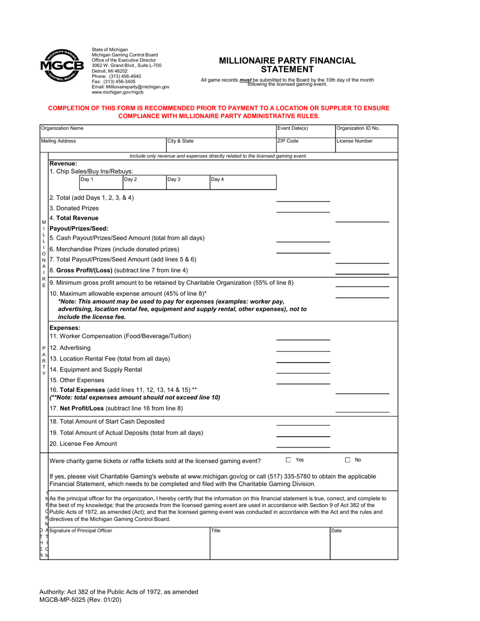 Form MGCB-MP-5025 Millionaire Party Financial Statement - Michigan, Page 1
