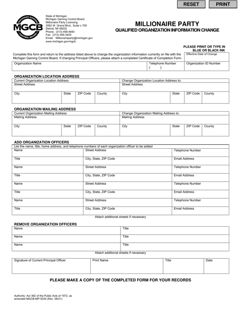 Form MGCB-MP-5030 Millionaire Party Qualified Organization Information Change - Michigan