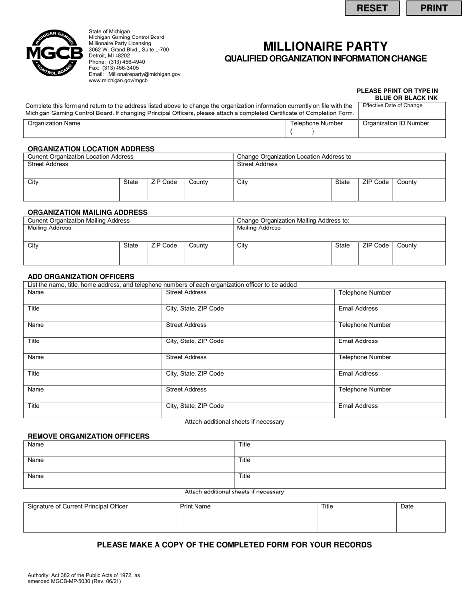 Form MGCB-MP-5030 Millionaire Party Qualified Organization Information Change - Michigan, Page 1