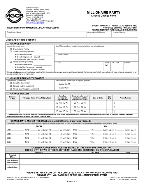 Form MGCB-MP-5023 Millionaire Party License Change Form - Michigan