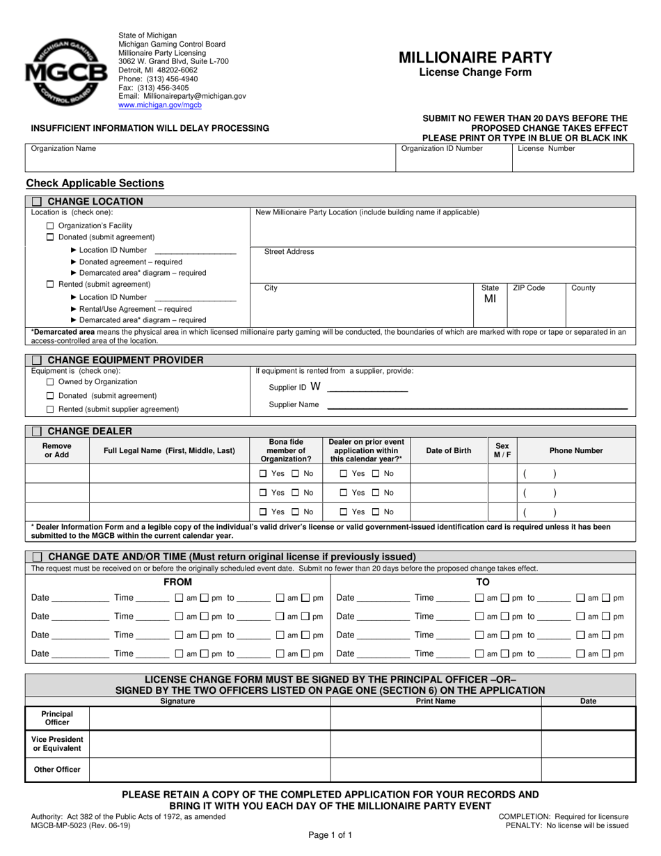 Form MGCB-MP-5023 Millionaire Party License Change Form - Michigan, Page 1