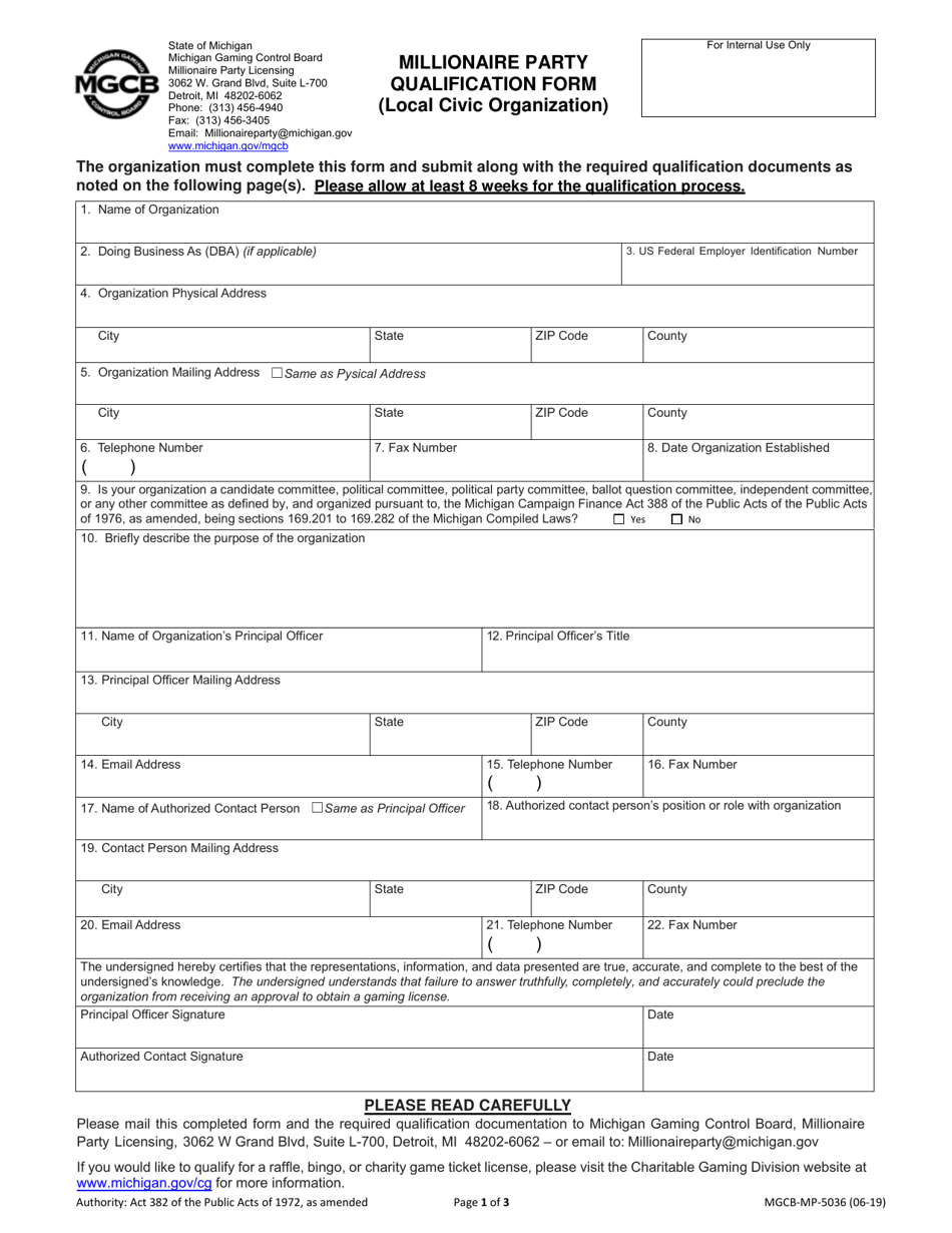 Form MGCB-MP-5036 Millionaire Party Qualification Form (Local Civic Organization) - Michigan, Page 1