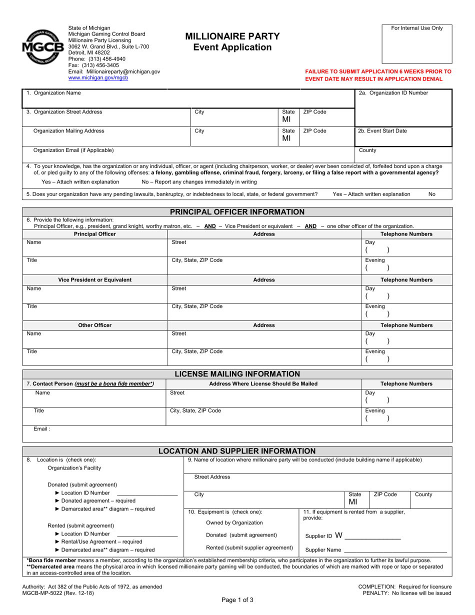 Form MGCB-MP-5022 Millionaire Party Event Application - Michigan, Page 1